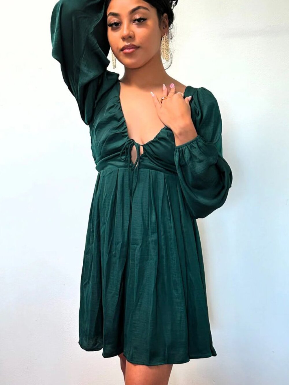 NWT Lulus Emerald Green Satin Tie Front Babydoll Dress S